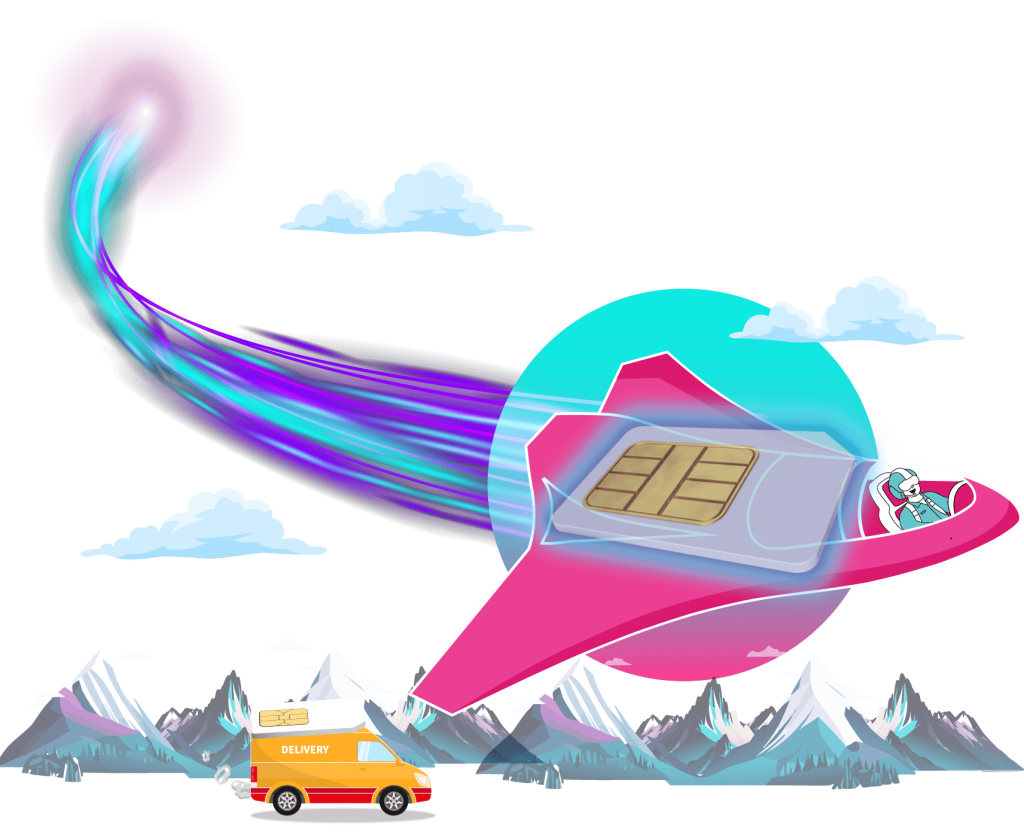 A pink rocket ship zooming through the sky with colorful trails, mountains below and clouds above.