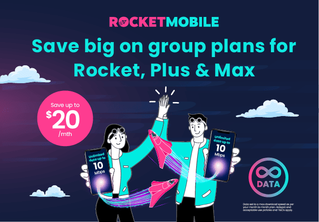 Two people celebrating with phones, promoting RocketMobile group plans with savings.