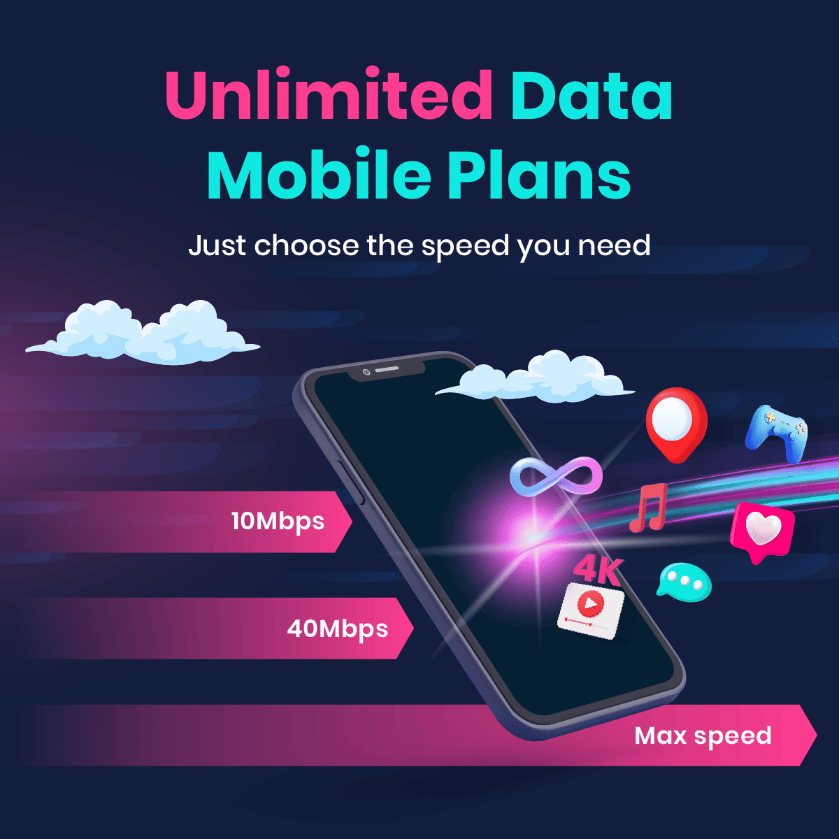 A smartphone displaying unlimited data mobile plans with speed options: 10Mbps, 40Mbps, and Max speed with icons like music, games, and 4K video.