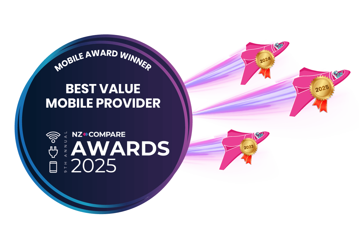 Three stylized rockets flying behind a circular award for Best Value Mobile Provider 2025.