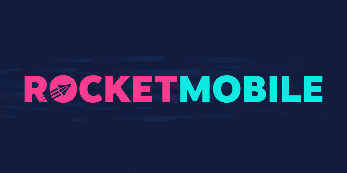 The logo for RocketMobile with bold pink and blue letters on a dark background.