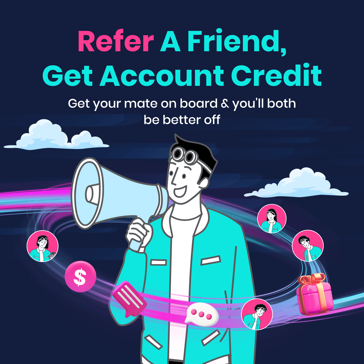 A person in a blue jacket holding a megaphone, promoting a referral program with rewards.